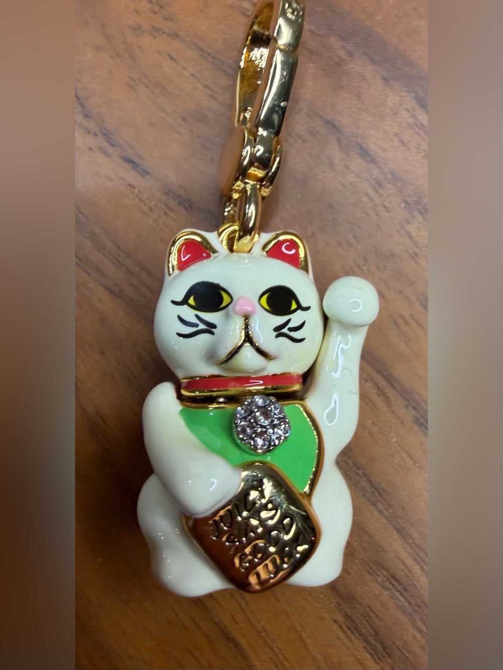 Lucky Kitty Enamel Maneki Neko Keychain — White, Green & Gold